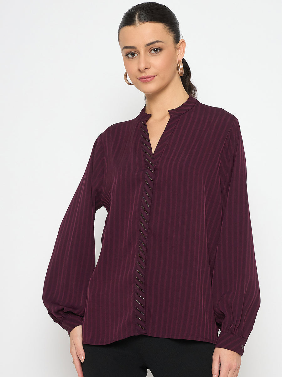 Madame Embellished Striped Cuff Sleeved Plum Top