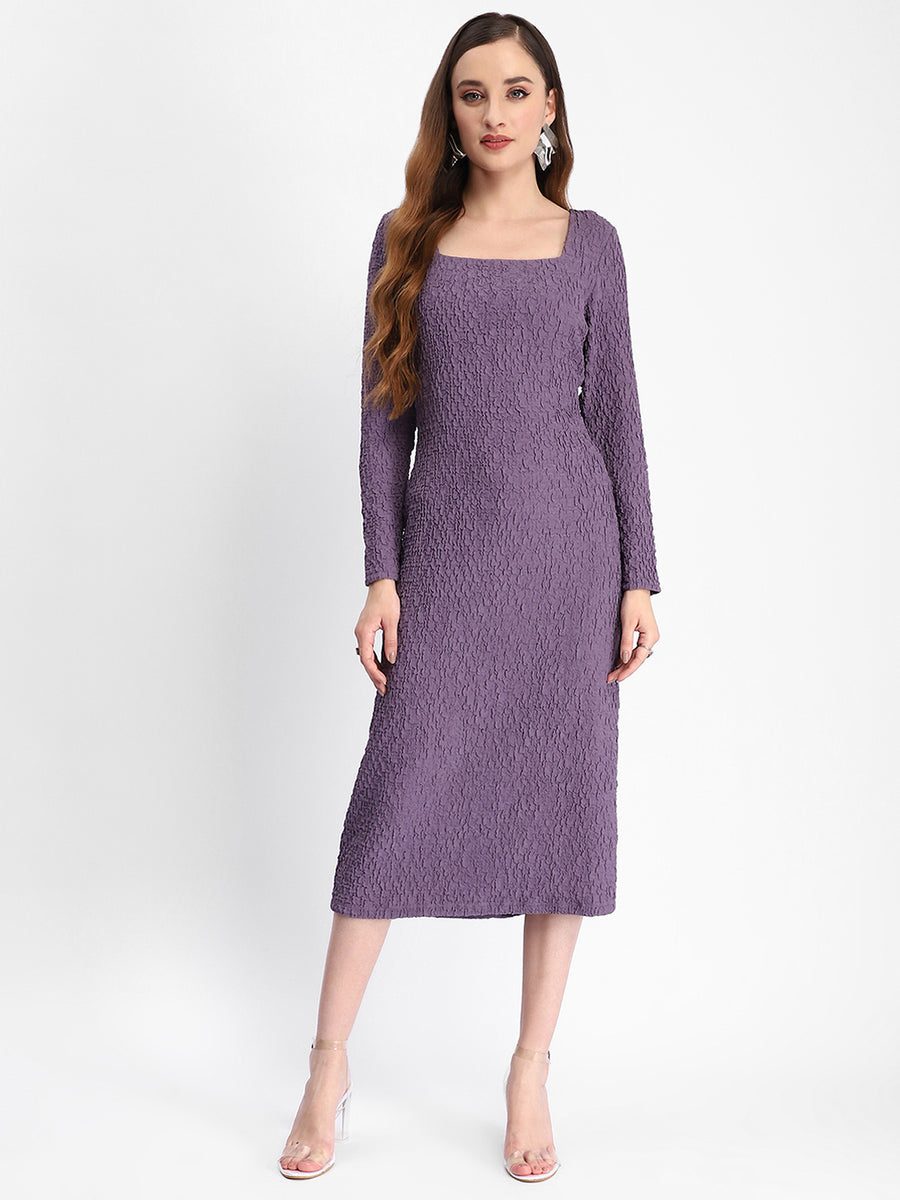 Madame Self Design Purple Midi Sheath Waffle Dress