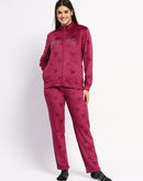 mSECRET Typography Adorned Zipped Top and Bottom Wine Cotton Night Suit