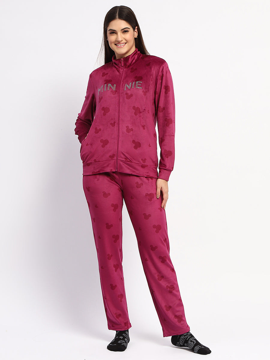 mSECRET Typography Adorned Zipped Top and Bottom Wine Cotton Night Suit