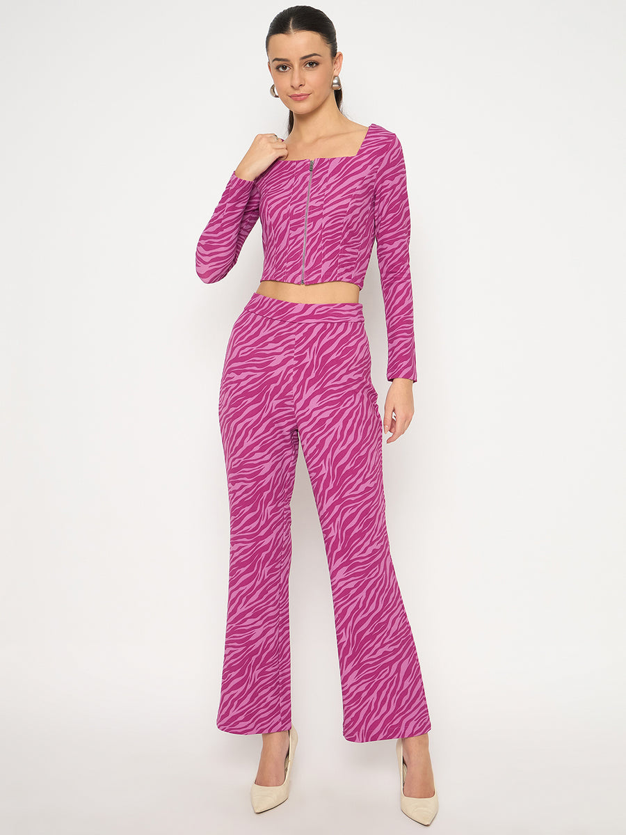 Madame Animal Print Zipped Top and Flared Bottom Pink Ensemble