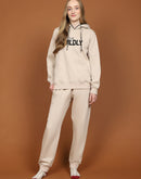 mSECRET Fleece Embroidered Beige Hooded Top and Bottom Night Suit