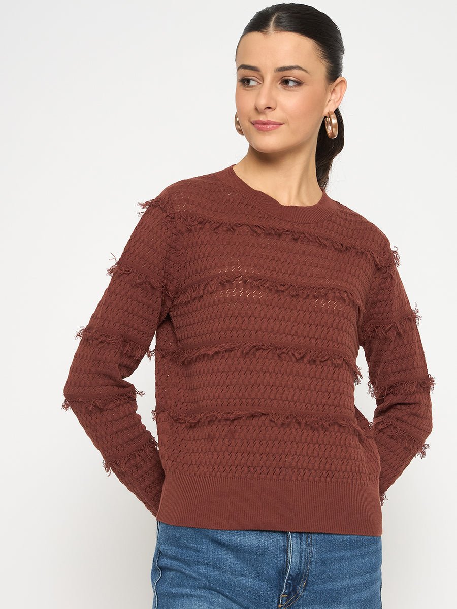 Madame Fringe Textured Chocolate Brown Cotton Sweater