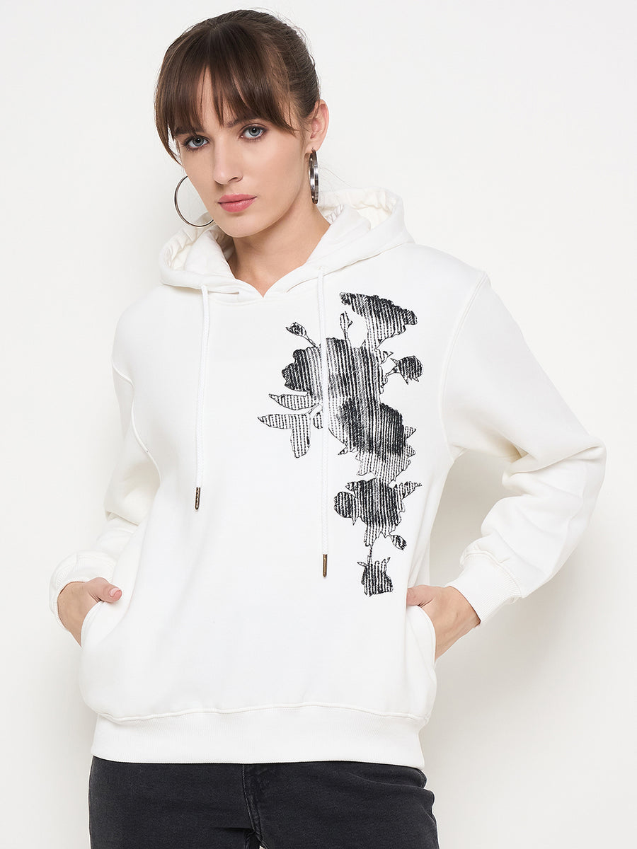 Madame Floral Print Adorned Cotton Blend White Sweatshirt