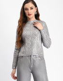 Madame Metallic Geometric Print Grey Sweater