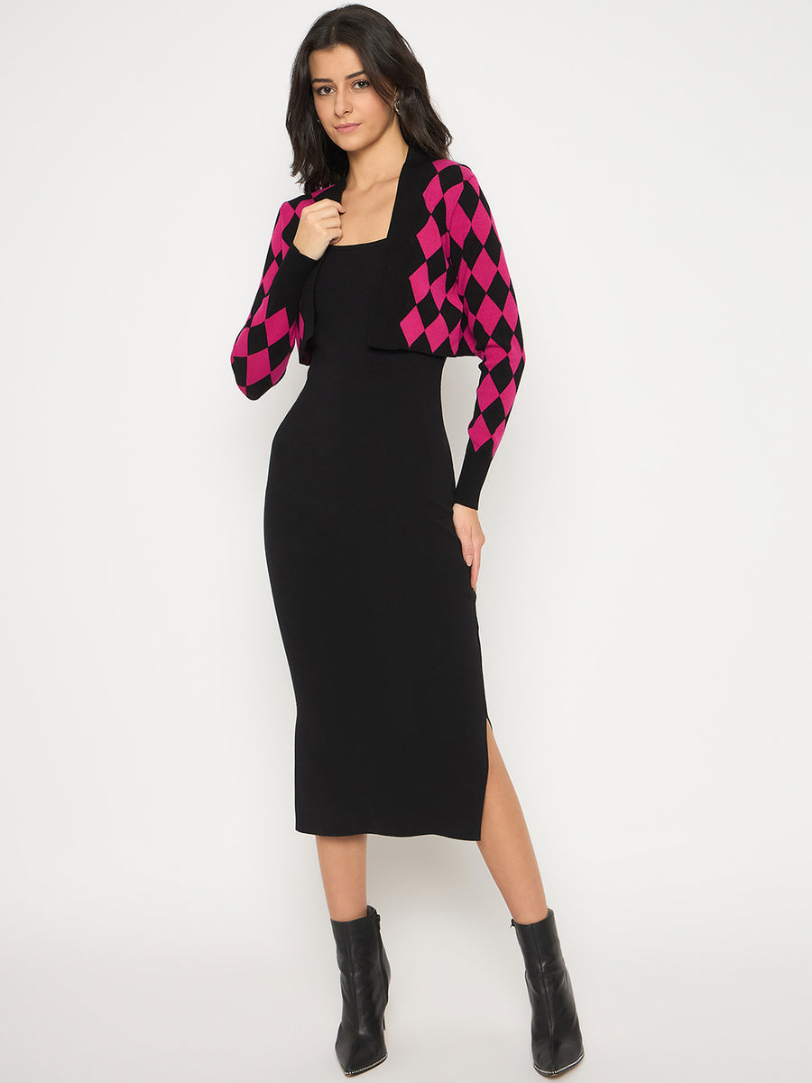 Madame Geometric Print Shrug and Solid Dress Magenta Ensemble