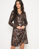 Madame Front Pleated Metallic Rust Floral Print Wrap Dress