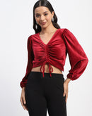 Madame Ruched V Neck Puff Sleeve Velvet Crop Top