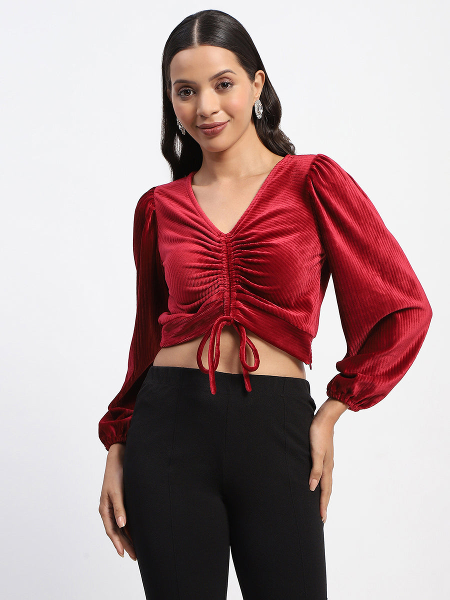 Madame Ruched V Neck Puff Sleeve Velvet Crop Top