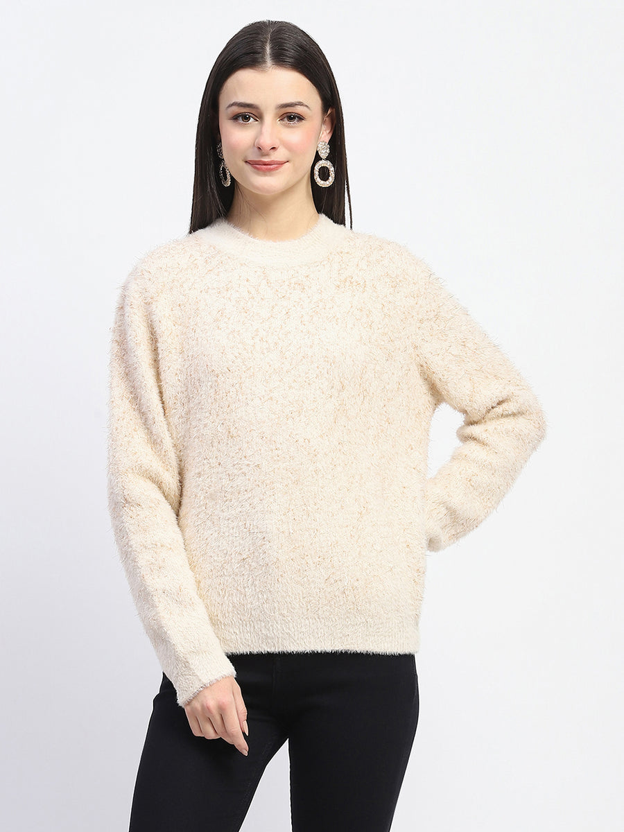 Madame Nylon Blend Full Sleeve Solid Beige Sweater