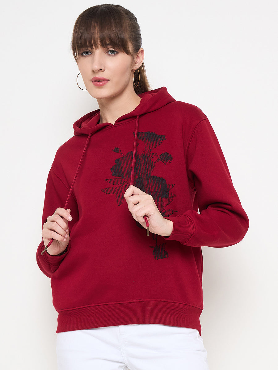 Madame Floral Print Adorned Cotton Blend Red Sweatshirt