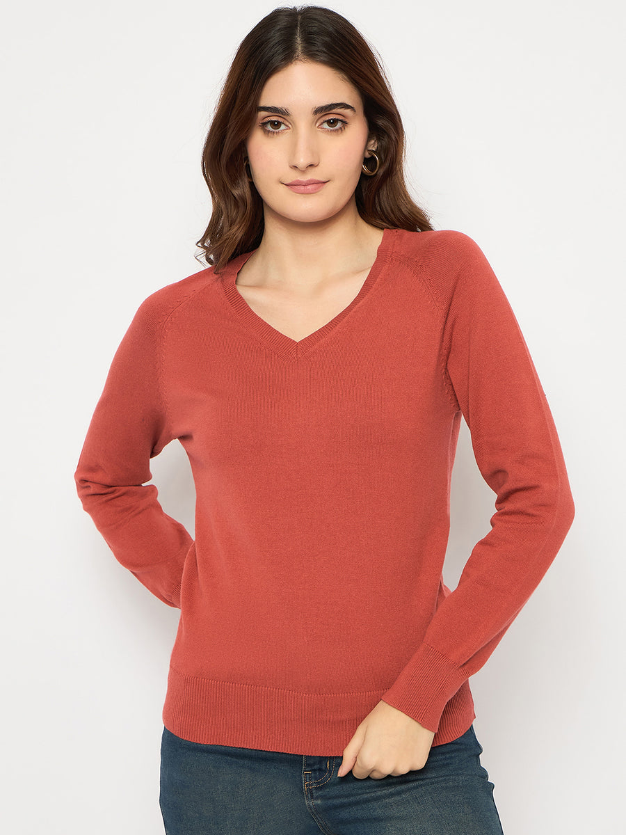 Madame V Neck Skinny Fit Rust Red Sweater