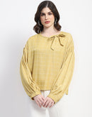 Madame Tie Neck Puff Sleeve Chequered Yellow Top