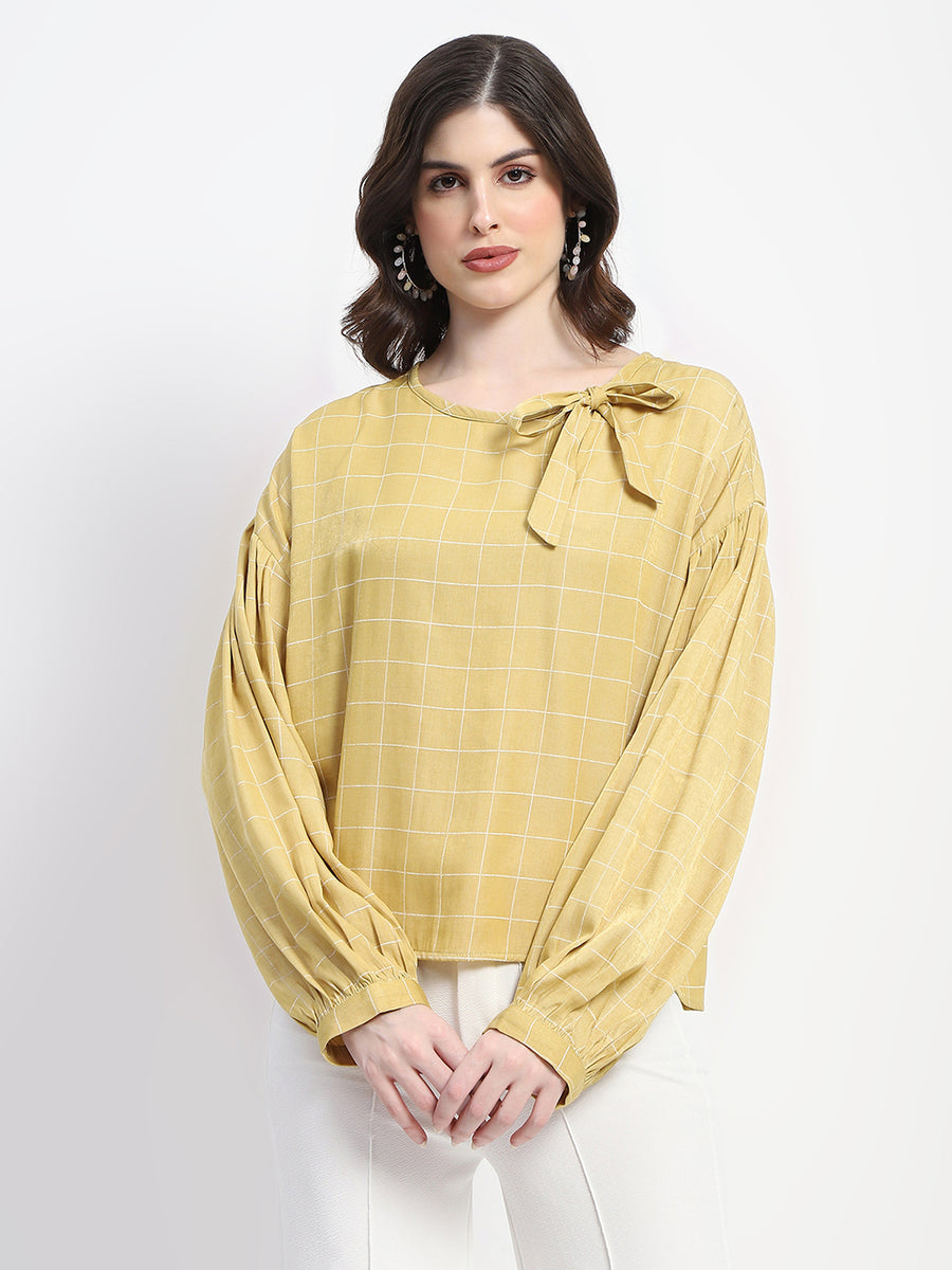 Madame Tie Neck Puff Sleeve Chequered Yellow Top