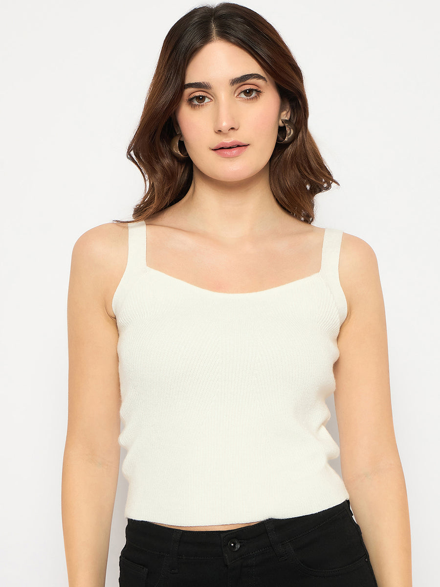 Madame Sleeveless Solid Off White Sweater