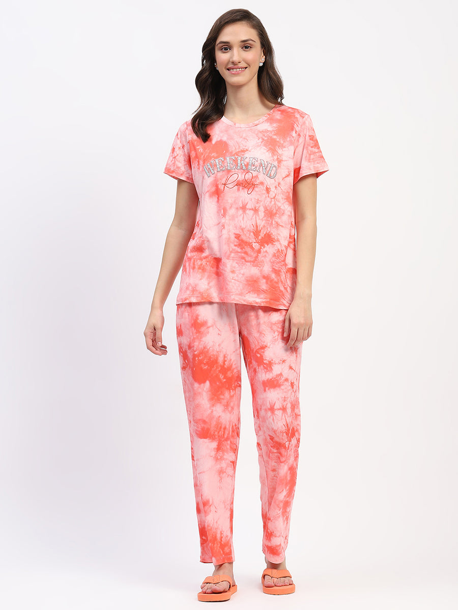 mSECRET Tie Dye Coral Typography Print Two Piece Night Suit