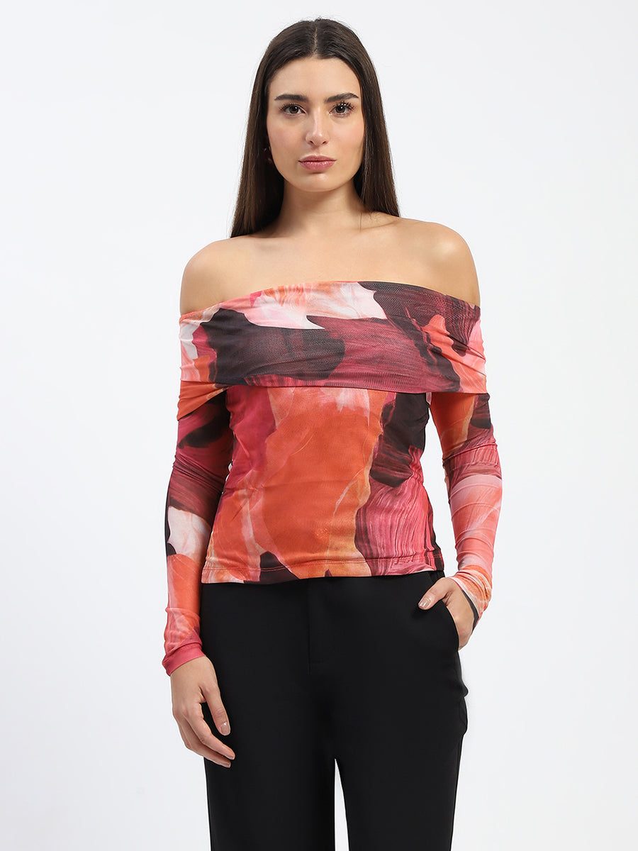 Madame Off Shoulder Semi Sheer Abstract Print Orange Top