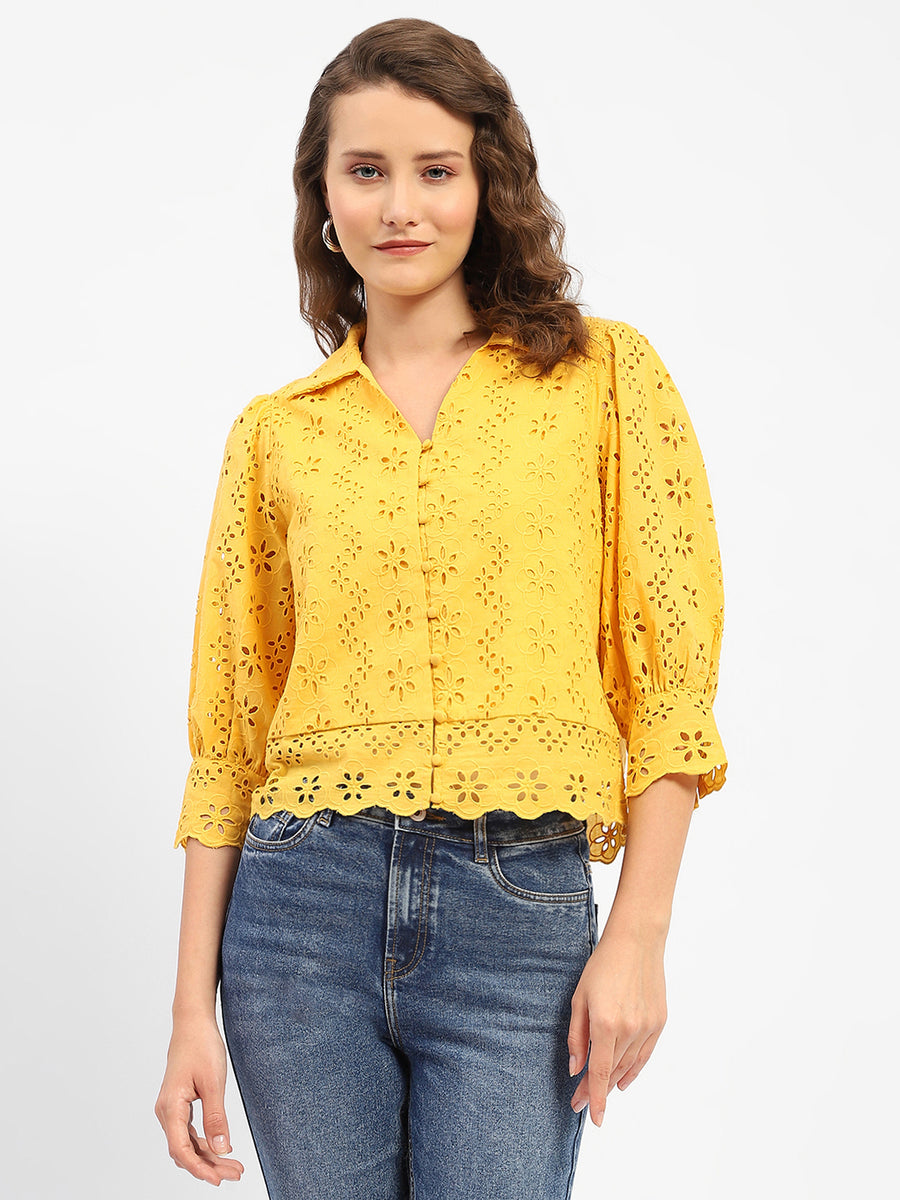 Madame Schiffli Mustard Yellow Regular Shirt