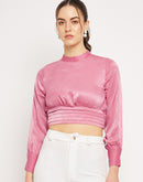 Camla Barcelona Peasent Sleeve Pink Cinched Waist Crop Top