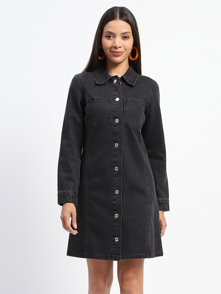 Madame Collared Jacket Style Black Denim Dress