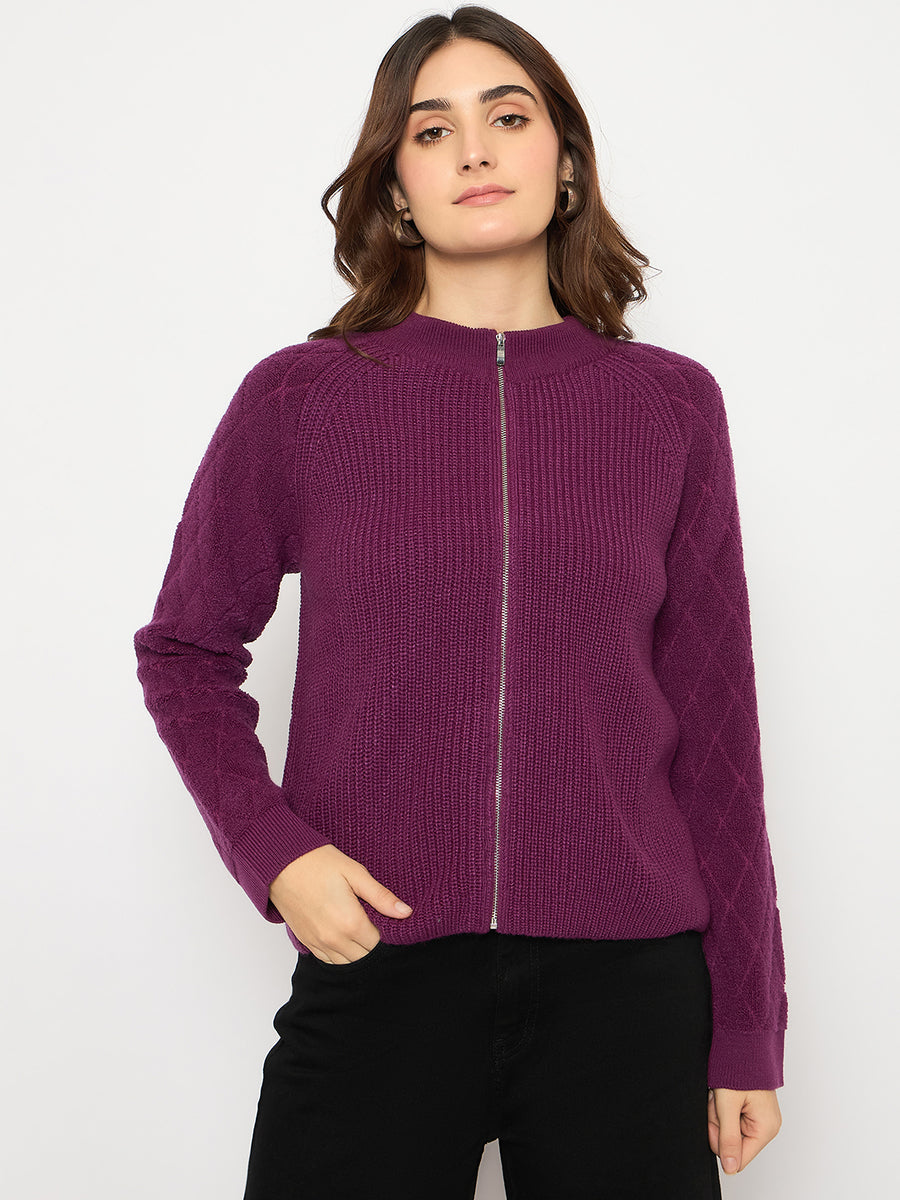 Madame Self Design Zipped Purple Sweater