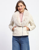 Madame Shanaya Kapoor Off White Faux Fur Trim Leather Jacket