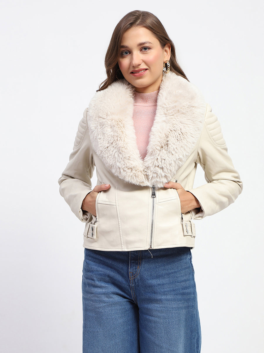 Madame Shanaya Kapoor Off White Faux Fur Trim Leather Jacket