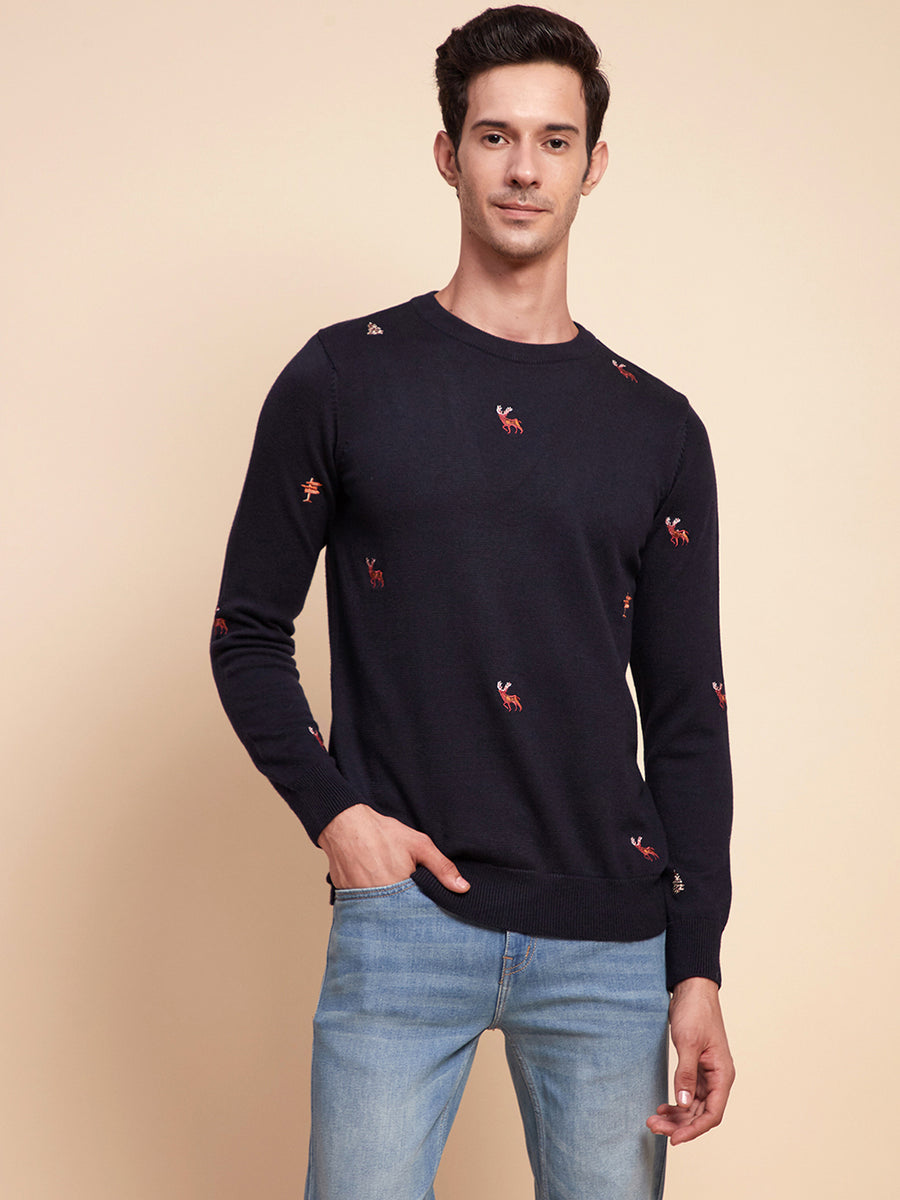 Camla Barcelona Embroidered Crew Neck Navy Sweater