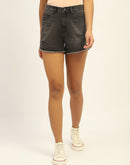 Madame Mid Rise Distressed Black Cotton Shorts