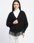 Madame Fringe Detailed Button Down Black Sweater