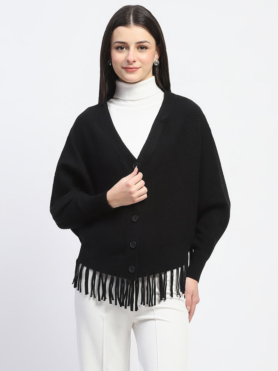 Madame Fringe Detailed Button Down Black Sweater