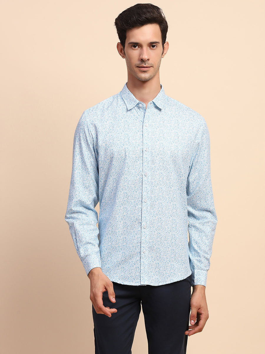 Camla Barcelona Print Blue Button Down Cotton Shirt