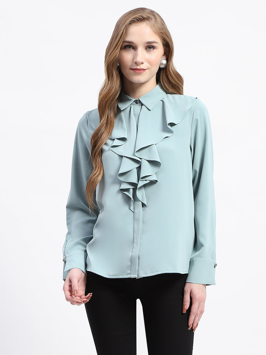 Madame Ruffle Collar Solid Grey Shirt