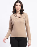 Madame Ring Detailed Embellished Asymmetrical Neck Solid Beige Top