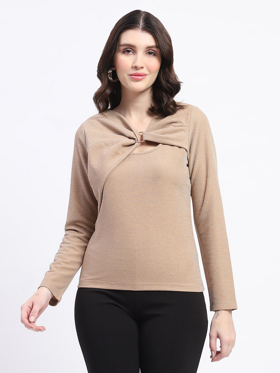 Madame Ring Detailed Embellished Asymmetrical Neck Solid Beige Top