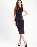 Madame Black Bodycon Abstract Print Ruched Midi Mesh Dress