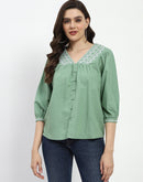 Madame Embroidered Cotton Blend Green Tunic Top