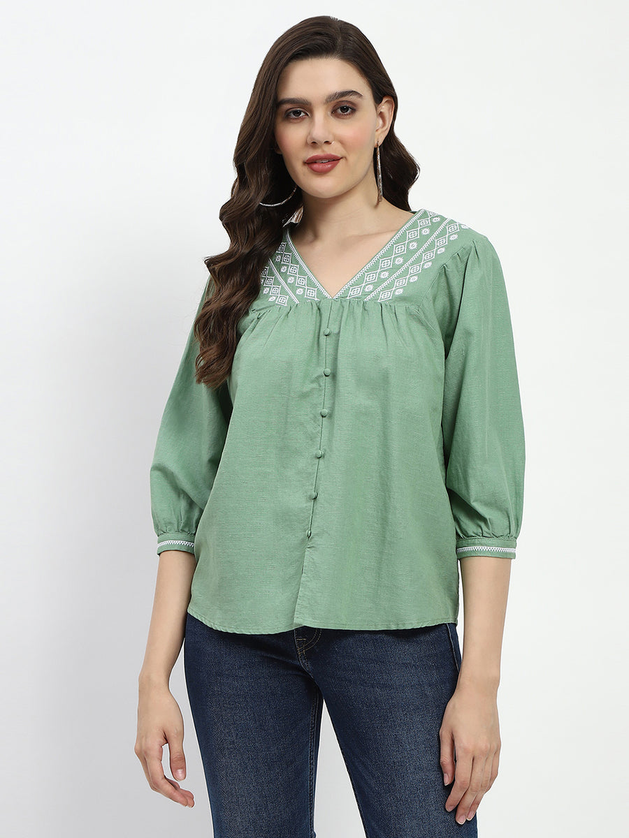 Madame Embroidered Cotton Blend Green Tunic Top