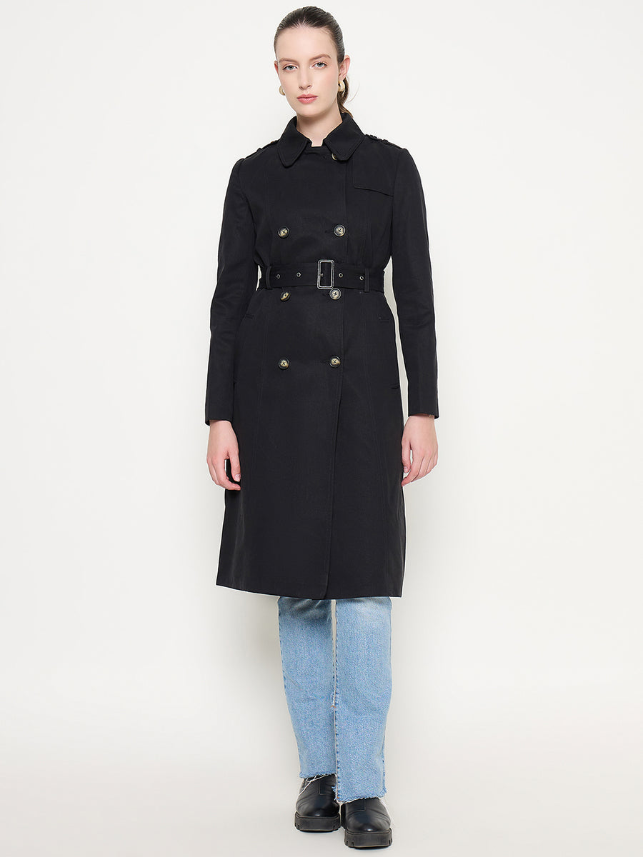 Madame Double Breasted Buckled Belt Black Trench Coat