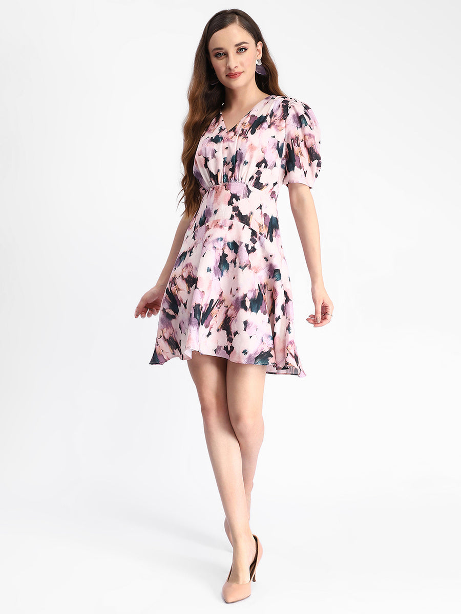 Madame Floral Print Puff Sleeve Mauve Mini Rayon Blend Dress