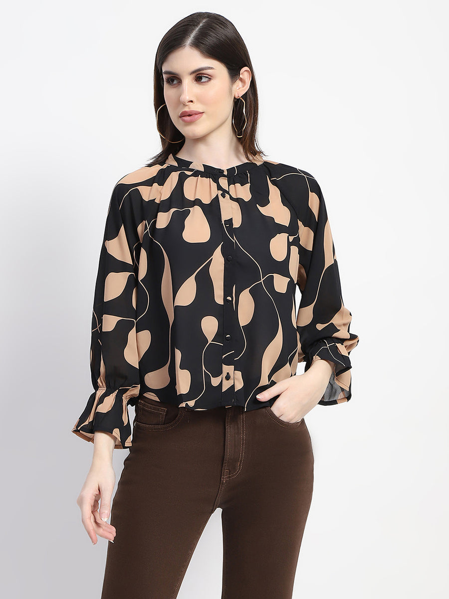 Madame Abstract Print Mock Neck Button Down Black Top