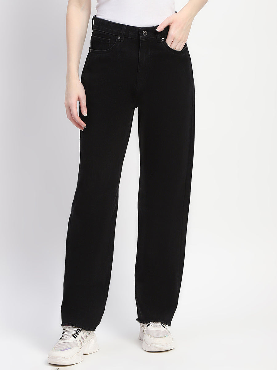 Madame Straight Fit Frayed Hem Solid Black Denim