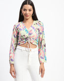 Madame Ruched Abstract Print Bell Sleeves Lilac Crop Top