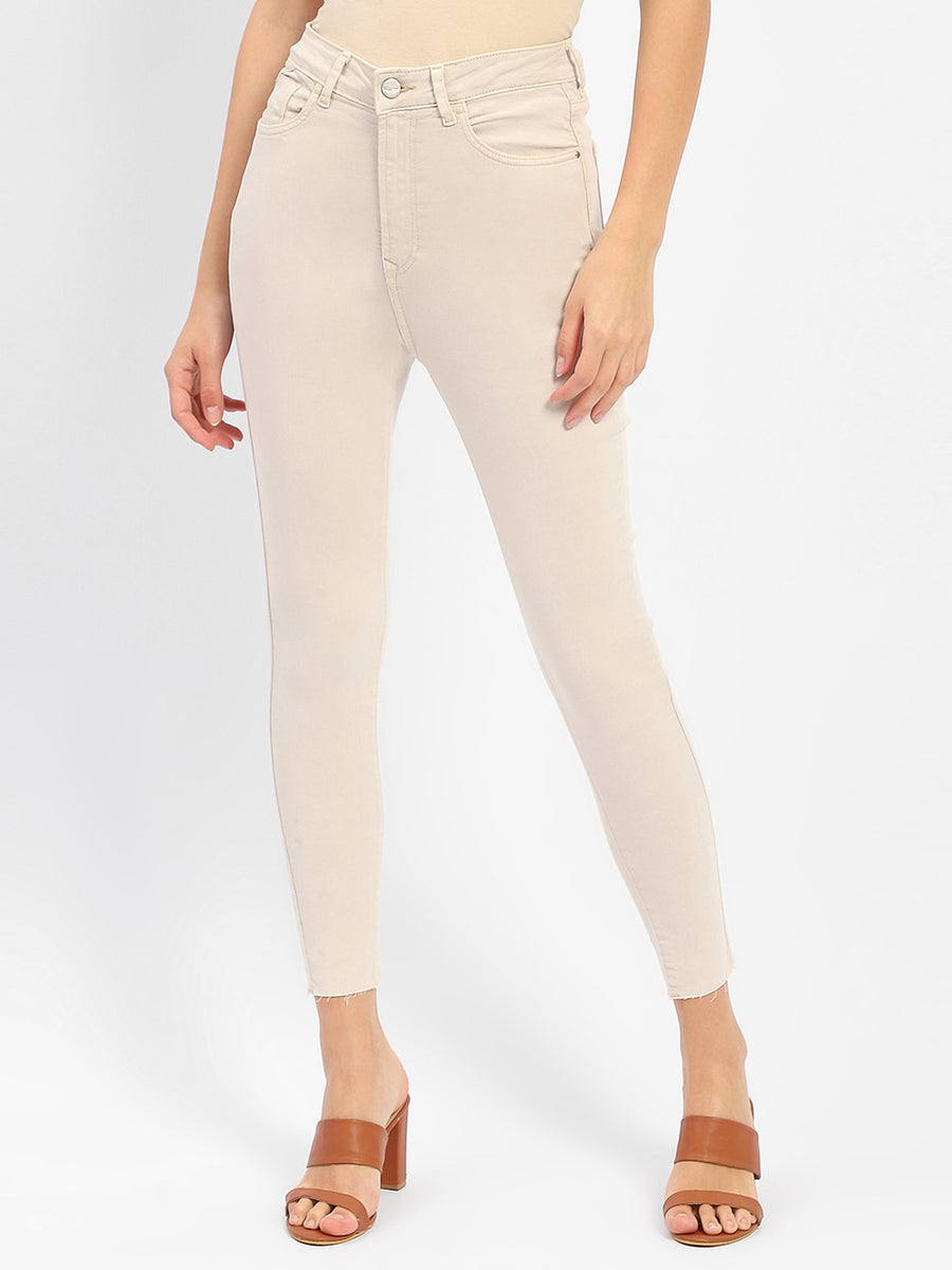 Madame Raw Hem Beige High Rise Skinny Fit Jeans