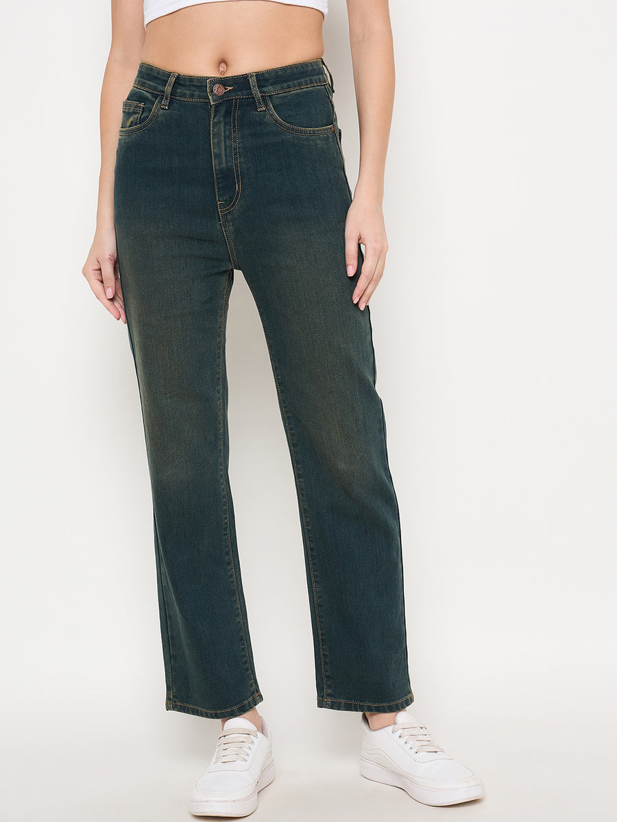 Madame Green Tinted Stone Wash Cotton Blend Denim Jeans