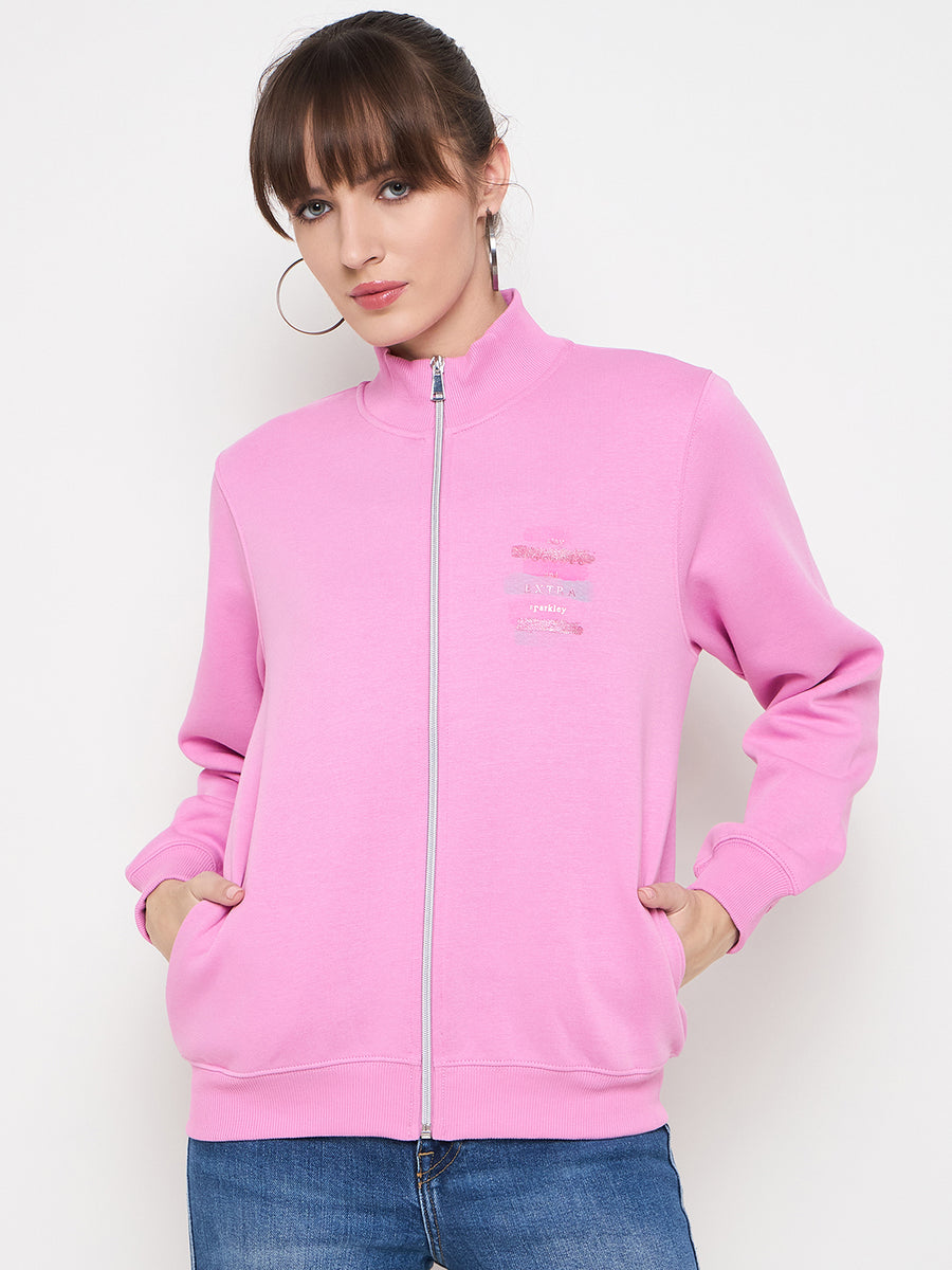 Madame Graphic Adorned Zipped Cotton Blend Pink Sweatshirt