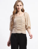 Madame Beige Ruched Top with Puff Sleeves