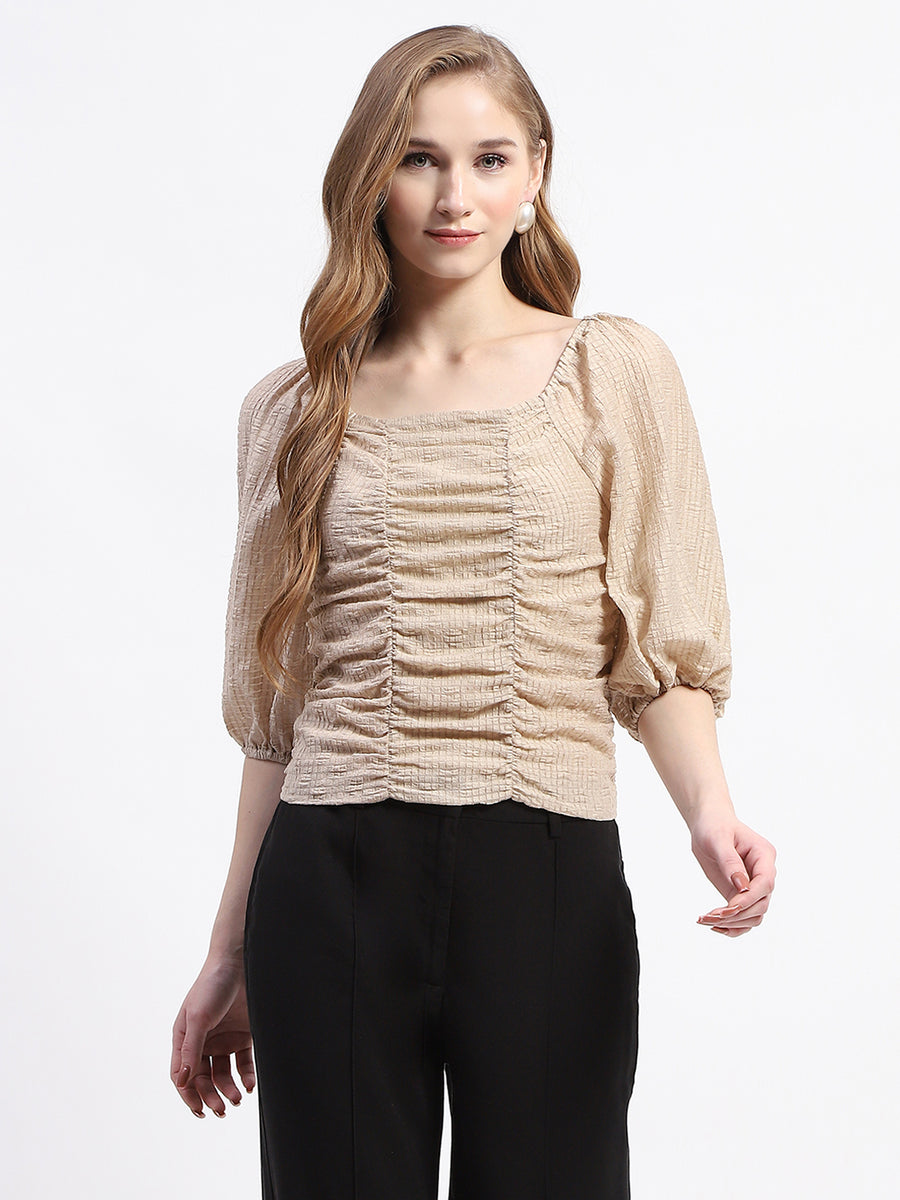 Madame Beige Ruched Top with Puff Sleeves