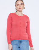 Madame Solid Coral Button Down  Crew Neck Cardigan