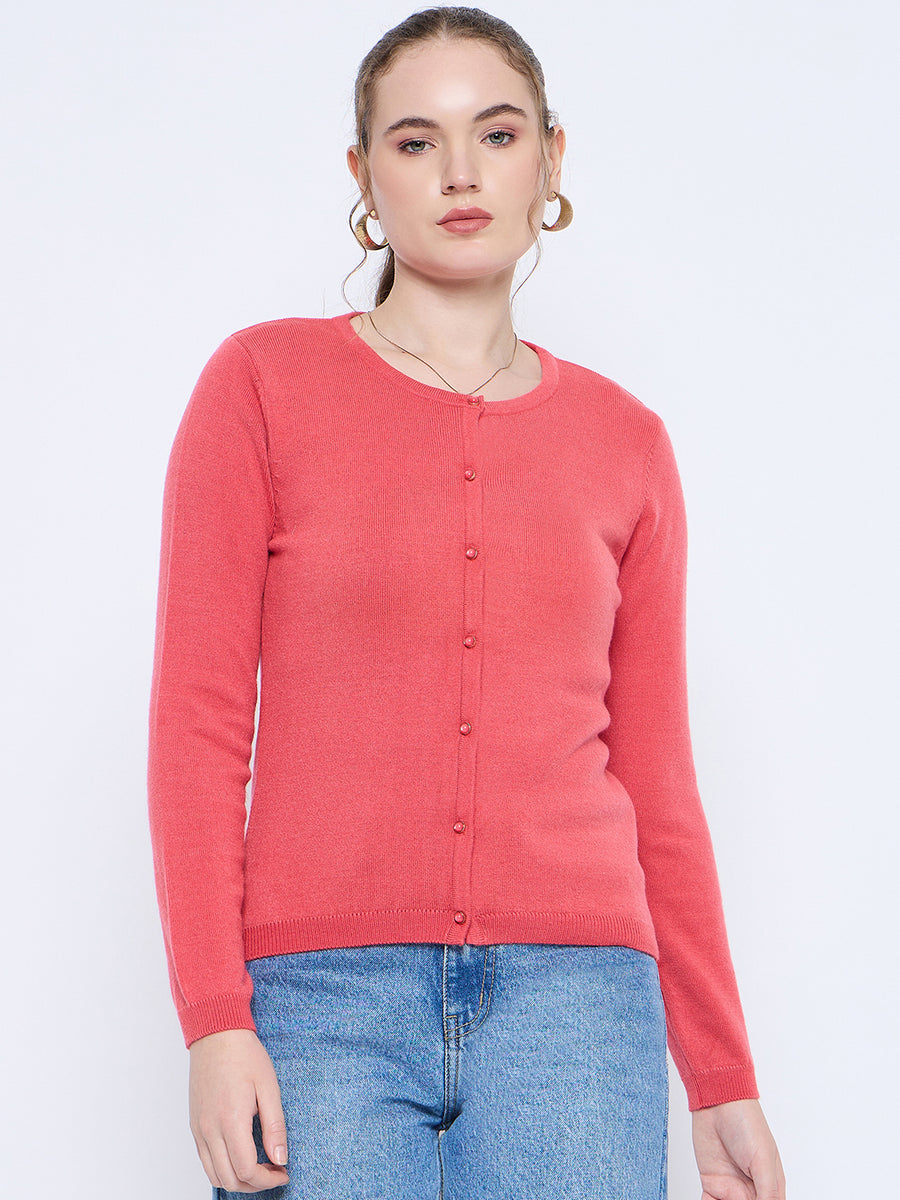 Madame Solid Coral Button Down  Crew Neck Cardigan